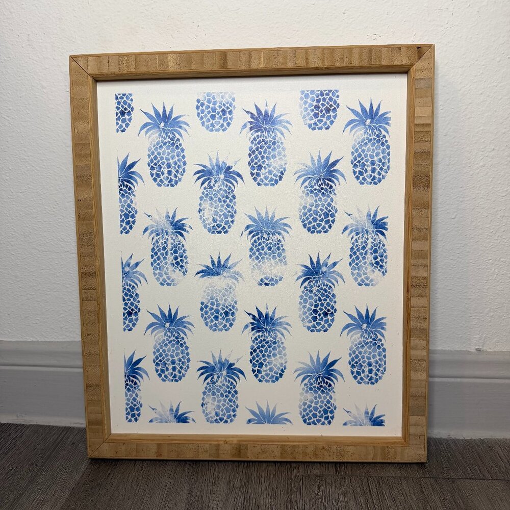 Blue & White Pineapple Framed Wall Art 11.5x13.5 Rustic Decor